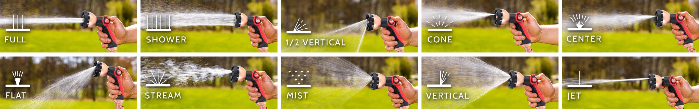 Free thumb-drive sprayer with 10 spray patterns, included with every Pocket Hose Copper Head order